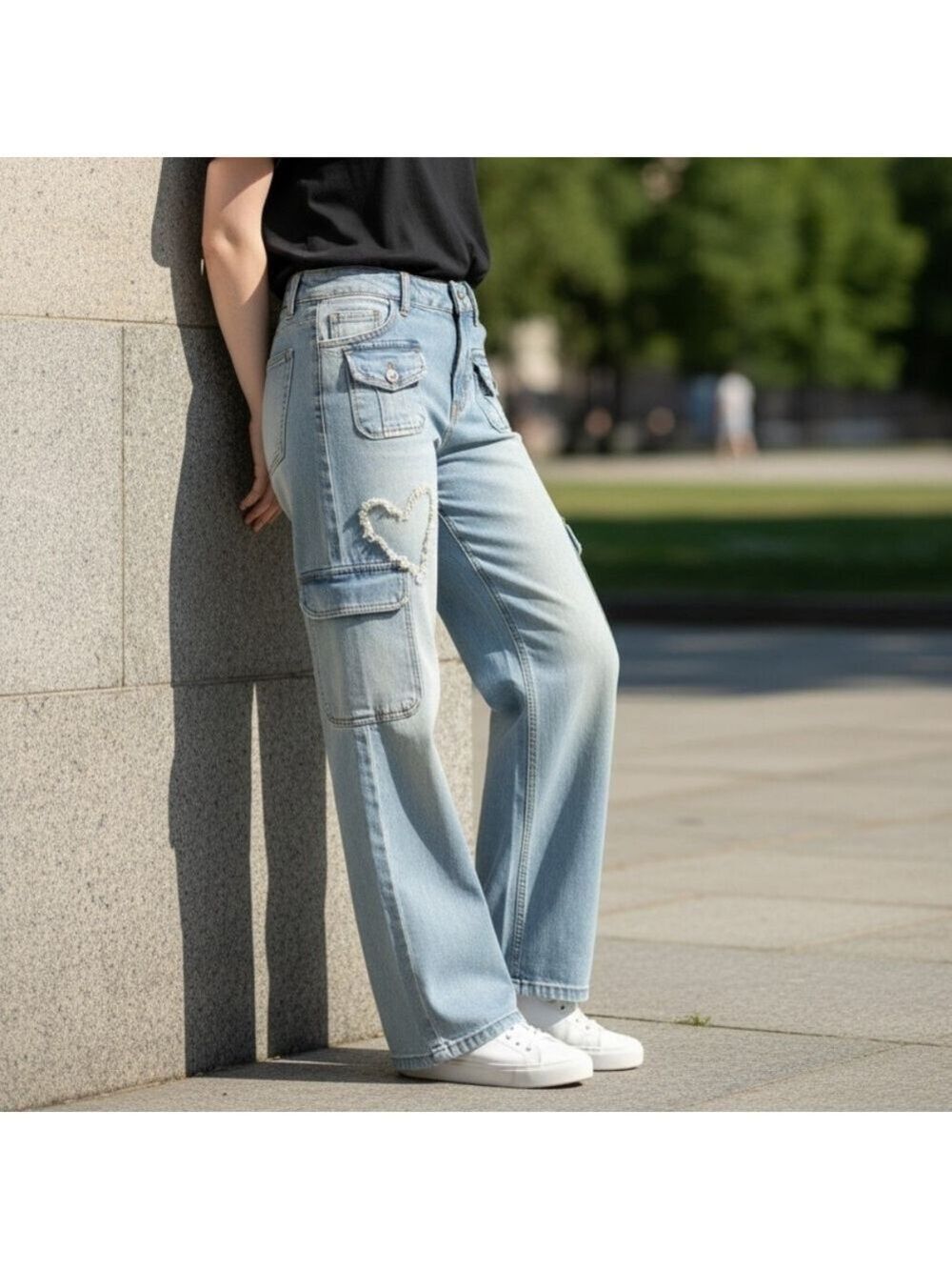 Hot Topic Light Blue Boyfriend Cargo Jeans with Heart Patch Y2k